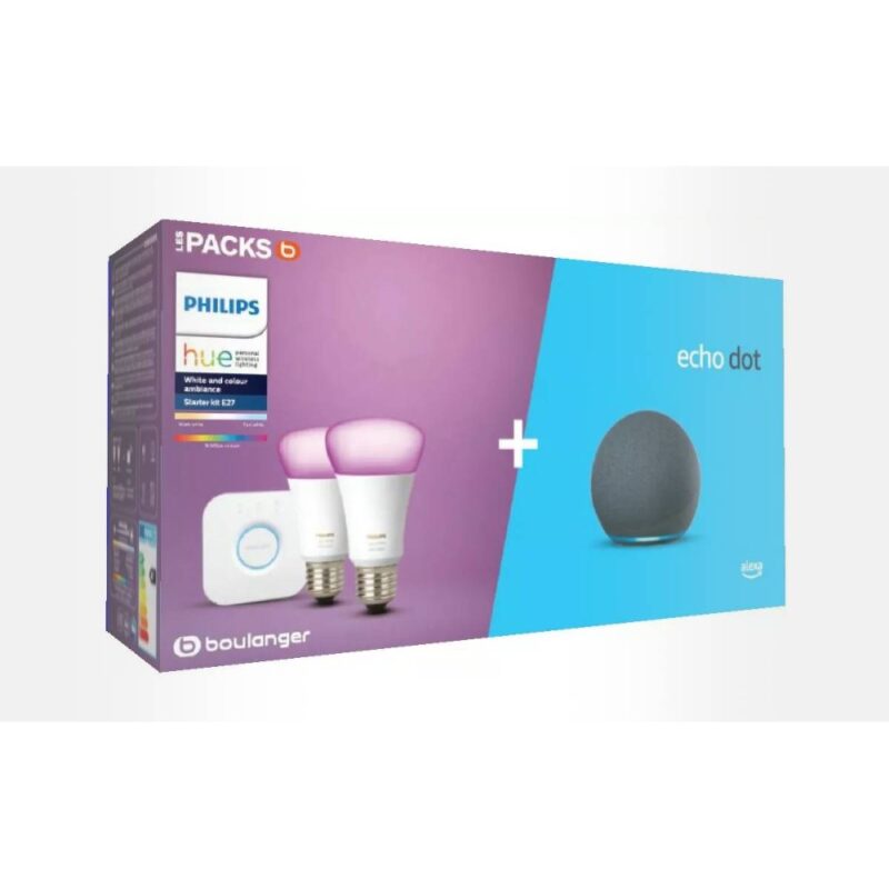 Pack : Echo Dot noir 4ème gén. + 2 ampoules Philips E27 Hue blanc & couleurs d'ambiance